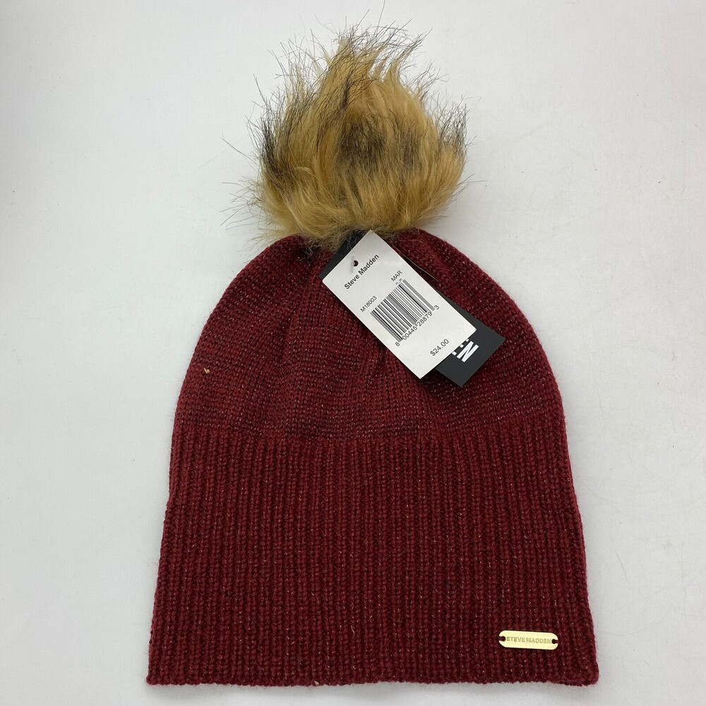 Steve Madden Sparkle Red Faux Fur Giant Pom-Pom Knit Beanie Hat NWT One Size